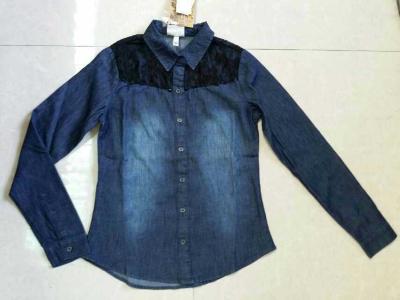 China Cheap Girl full sleeve denim shirt with lace,slim cutting girl's jeans blouse stock lots for sale