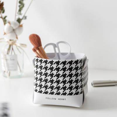 China Makeup Storage Container PU Style Storage Folding Desktop Bucket Nordic Stackable Foldable Simple Brush Storage Box for sale