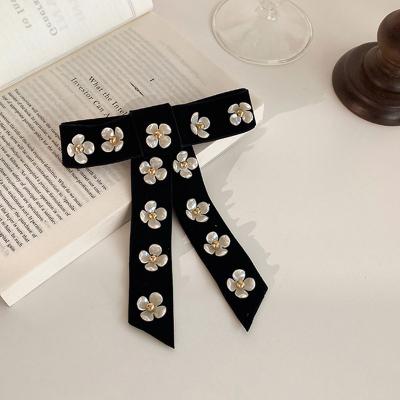 China Retro Elastic Fabric Hair Accessories with Ribbon French Style Black Velvet Bow Hair Scrunchies for sale