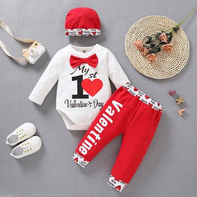 China Fashion Baby's Clothing Spring and Autumn New Bow Peach Heart Printed Long Top+Pants+Sleeve Hat 3 Piece Children's Clothing for sale