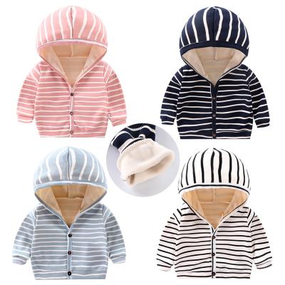 China Leisure time children's sweater hooded cardigan baby warm autumn and winter models plus velvet thickened baby striped children's jacket top for sale