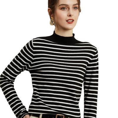 China New Hot Autumn Women's Sweater Sweater Shrink-proof Long Sleeve Striped Half High Neck Curved Hot Push-Up Shirt for sale