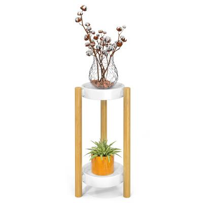 China Indoor 2 Tier Modern Durable Corner Bamboo Plant Stand With White Steel Trays For Home for sale