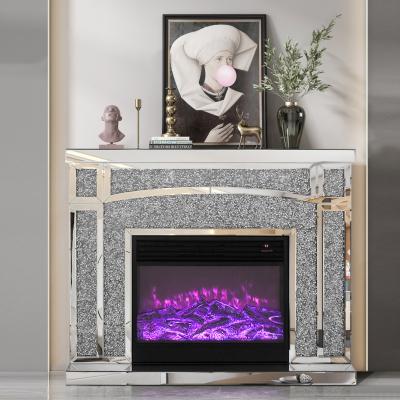 China Expandable Modern Floating Diamond Crushed Living Room Furniture TV Stand Luxury High Quality Mirrored Crushed Diamond Mirrored Fireplace for sale