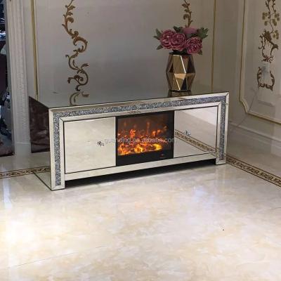 China Guanding Contemporary Hot Sale Crushed Diamond Decoration Mirrored TV Stand With Fireplace for sale