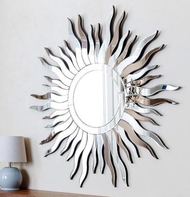 China Decorative Plain And Neat Wooden Bathroom Hanging Mirror With Sun Shape for sale