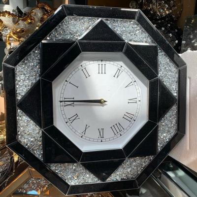 China Hand Cut Black Diamond Crush Sparkly Mirrored Octagonal Wall Clock for sale