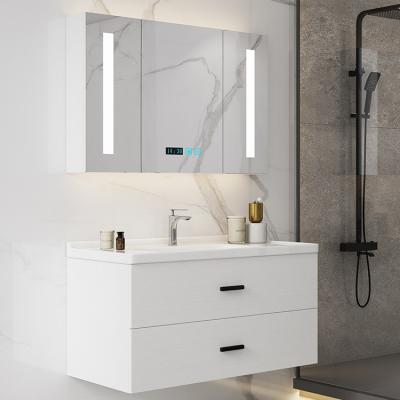 China EUROPEAN Wholesale Top Grade Wall Mounted White High Gloss Paint PVC Ceramic Basin Bathroom Vanity With Mirror for sale