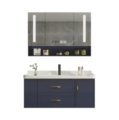 China 2022 Modern New Blue Vanity Table With Single Basin Wall Mounted Bathroom Funiture With LED Mirror for sale