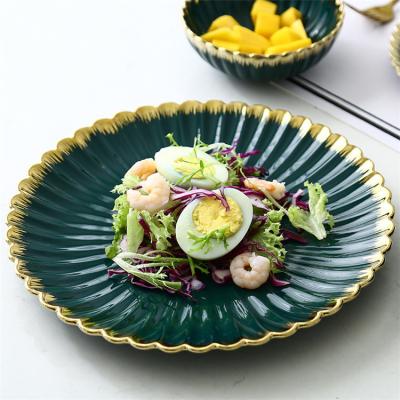 China New Sustainable Design 8/10 Inch Restaurant Fruit Pasta Dish Luxury Ceramic Plates Green Set With Gold Rim for sale