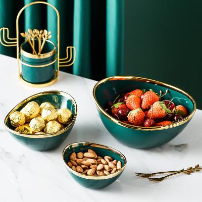 China Sustainable Hot Selling Eco-Friendly Items Gold Ingot Shape Luxury Dark Green Fruit Salad Bowl Ceramic Bowls for sale