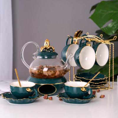 China Full Time Glass Teapot Afternoon Teapot Drinkware Stylish Coffee Tea Cup Set Royal Modern Ceramic Tea Set With Metal Stand for sale