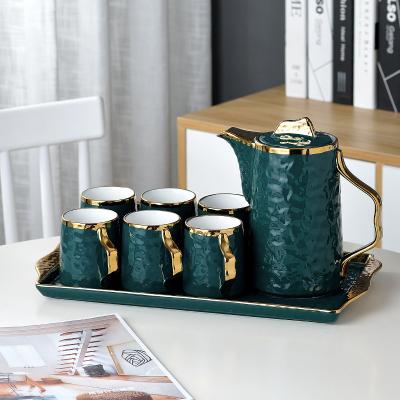 China Drinkware Tea Stocked Fancy Nordic Coffee Cup Set Green Modern Luxury Ceramic Afternoon Tea Set With Teapot And Tray for sale