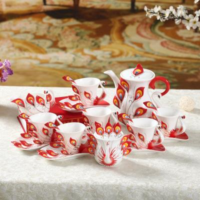 China Eco-Friendly Turkish Tea Sets Stocked Peacock Shape Teacup and Saucer Enamel Porcelain Tea Set with Teapot Porcelain for sale