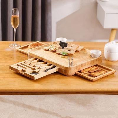 China 3 Tray Sustainable High Quality Natural Bamboo Cheese Cutting Board And Knife Set With Slide-out Drawer for sale