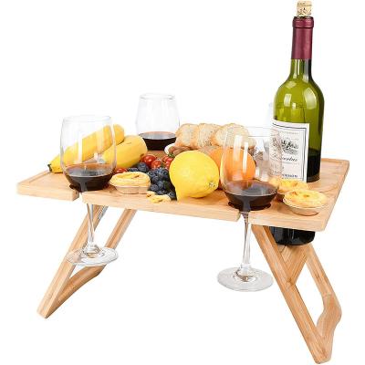 China Moderm Portable Foldable Bamboo Wooden Picnic Table with Wine Bottle and Glass Holder for sale