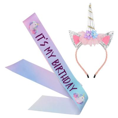 China Festival decoration it's my birthday unicorn sash and unicorn headband for unicorn birthday decorations for girls for sale