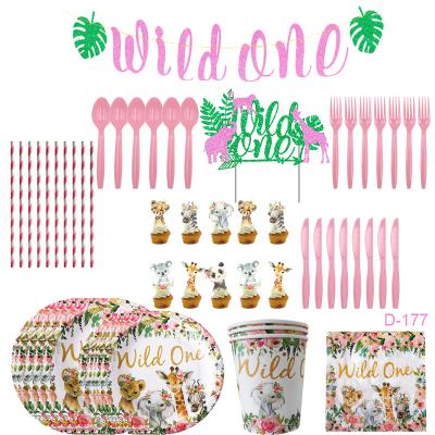 China Wild Event 102pcs Party Tableware Birthday Decoration All One in One Safari Baby First Baby Decor Kit Jungle Party Supplies for sale