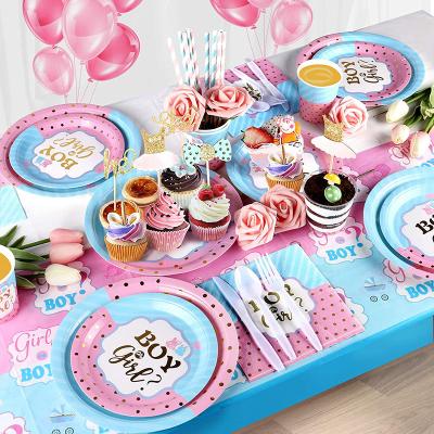 China Decoraive Gender Reveal Dishes And Napkins And Cups 128 PCS Boy Or Girl Gender Reveal Party Supplies for sale