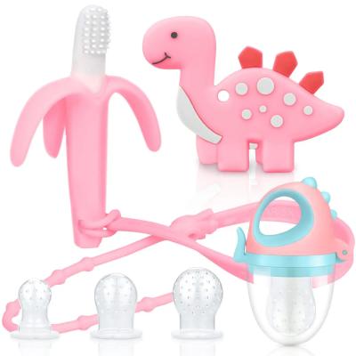 China Cute 100% BPA Free Food Grade Silicone Dinosaur Teether Sets For Newborn for sale