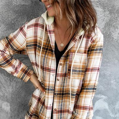 China Viable Hot Sale Hooded Coat Women's Casual Loose Neck Plaid Turn-Down Long Sleeve Top Shacket for sale