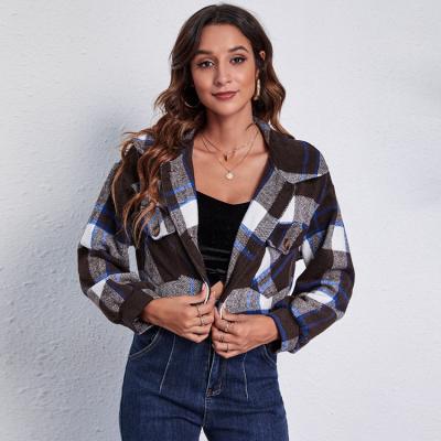 China Wholesale Short Plaid Jacket Long Sleeve Flannel Jacket Breathable Doll Collar for sale