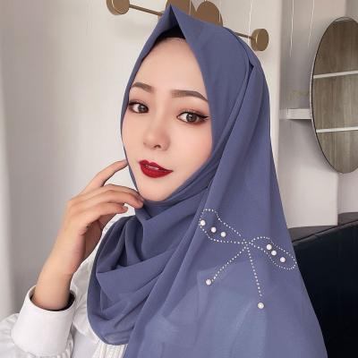 China New Polyester Polyester Scarf Muslim Women Bead Chiffon Bow Head Scarf for sale