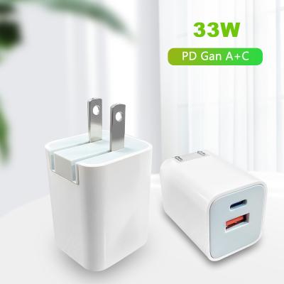 China Hot Selling Mobile Phone ETL Certified USB Type - 2 Port 33W Gan PD Quick QC Wall Phone Charger Adapter for sale