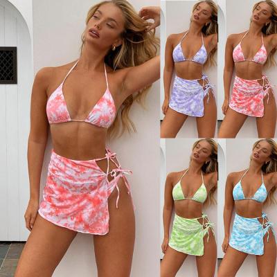 China 2020 Fashion Girls Breathable Swimwear Bandage Cheeky Strappy 3 Piece Pink Swimwear Two Piece Tie Dye Swimsuit Bikini Sets for sale