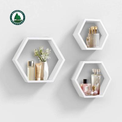 China Modern Wall Mounted Hexagon Floating Shelves, Wooden Wall Hanging Shelf Organizer for Home Decor, Set of 3, White for sale