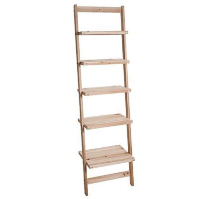 China 5 Tier Ladder Shelf Pine Wood Stand Sustainable Natural Leaning Shelf for sale