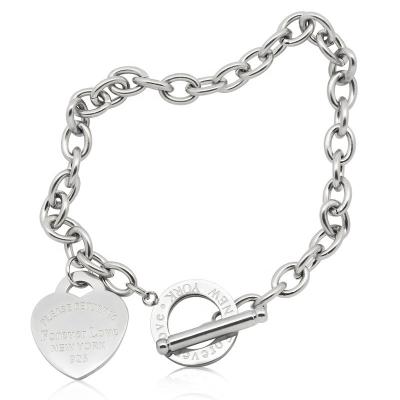 China Trendy Popular Jewelry Engraved Heart Branded Bracelet Silver Stainless Steel Link Charm Bangle for sale