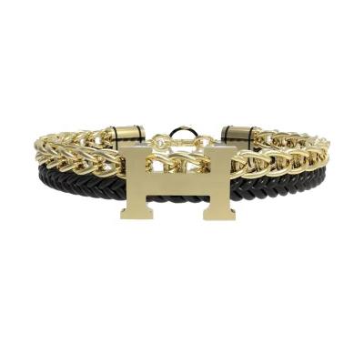 China Fashionable Wholesale Luxury Black Braided H Brand Stainless Steel Chain Bracelet Men Leather Bracelet for sale