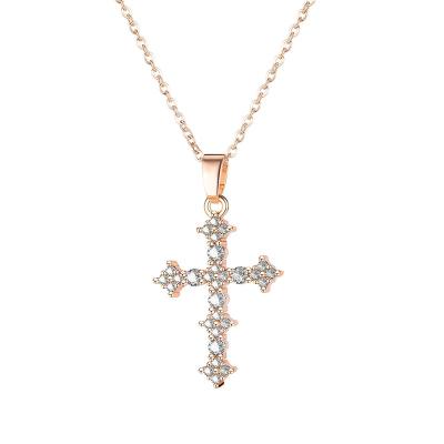 China Vintage Rose Gold Cubic Zirconia Cross Necklaces Stainless Steel Exquisite Pendant Religious Cross Necklace for sale