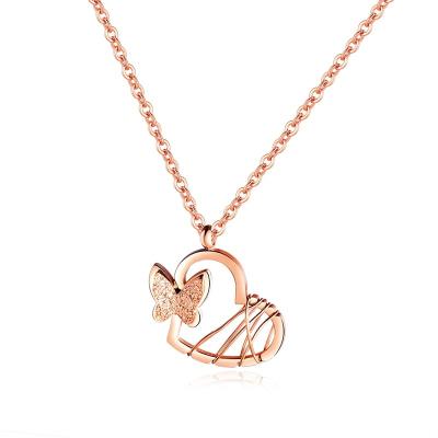 China Romantic Hot Design Rose Gold Stainless Steel Butterfly Necklace Creative Heart Shaped Pendant for sale