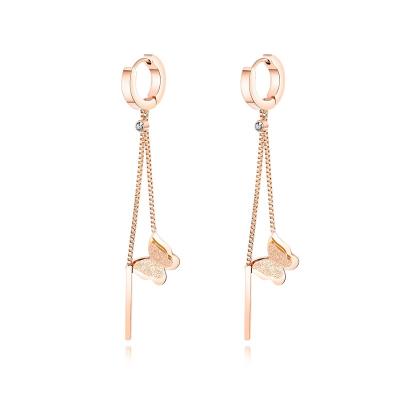 China Fashionable Long Tassel Earrings Rose Gold Butterfly Stainless Steel Attractive Jewelry for sale