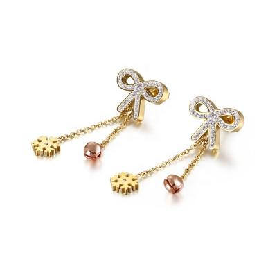 China Cute Newest Design Lovely Bow Knot Tassel Shaped Stainless Steel Gold Stud Earrings For Women for sale