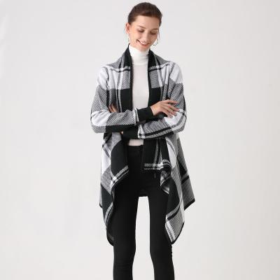 China Anti-Wrinkle Checkerboard Jacquard Knitwear Cardigan Open Layering Leisure Poncho Sweater for sale