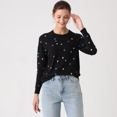 China bestselling Anti-wrinkle all over rainbow stars embroidery knitted cashmere blend top luxury sweater for sale