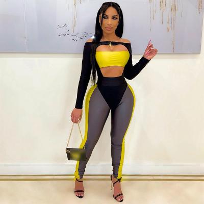 China Fashionable Two Piece Hollow Out Contrast Color Set Breathable Women Long Sleeve Jumpsuit Clothing Sets for sale