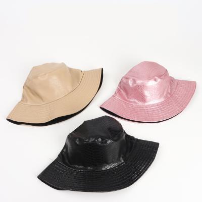 China 2021 New Arrival European and American Fashionable Colors PU Winter Autumn Woman Bucket Hat /Fishermen Solid Leather Hat for sale