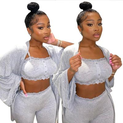 China Drop Shipping 1pcs Breathable Pajamas Set Fall 2021 Wholesale Cotton Pajamas Plus Size Sets With Robe For Women 3 Piece Pajama Set for sale