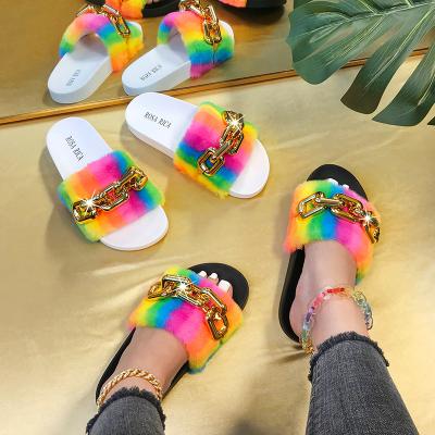 China Multi color fashion trend color fur women's casual plush ladies slippers soft chain mentallic material fur slippers for sale