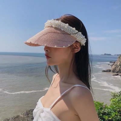 China Beautiful Character Beads Straw Hats Letter Printing Pretty Sun Shade Summer Handmade Sun Visor Hats For Women for sale