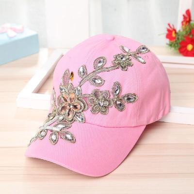 China New RTS Style Denim Baseball Hat Cotton Flower Crystal Hats Fashion Hip Hop COMMON Daily Life Custom Hat for sale