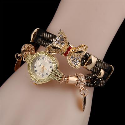 China Luxury Alarm Ladies Bow Quartz Pendant Watches Wholesale Colorful Leather Bands Wristwatches Women for sale