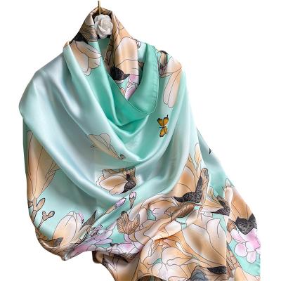 China Wholesale Fashion Elegant Silk Scarf Soft Custom Printing Lotus Cyan Other Scarves &Shawls Women for sale