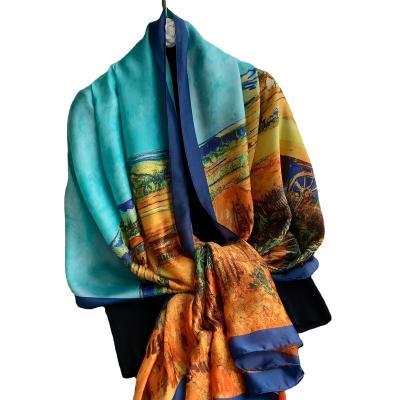 China Beautiful Fashion Pashmina Silk Scarf For Women Retro Landscape Soft Muffler Trendy Shawls for sale