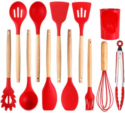 China Food Grade Sustainable Beech Wood Handle 12 Pieces Kitchen Silicone Cook Utensil Spatula Spoon Set With Storage Racks for sale