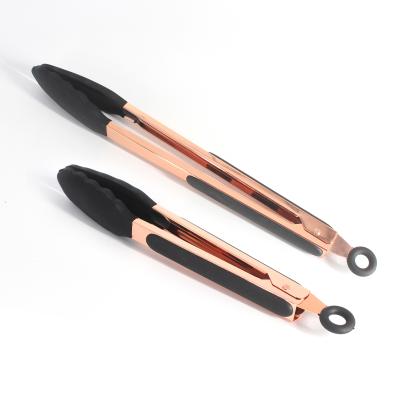 China Sustainable Premium Silicone 9 and 12 Inch Non-Stick Rose Gold Stainless Steel BBQ Cooking Grilling Locking Food Tongs for sale